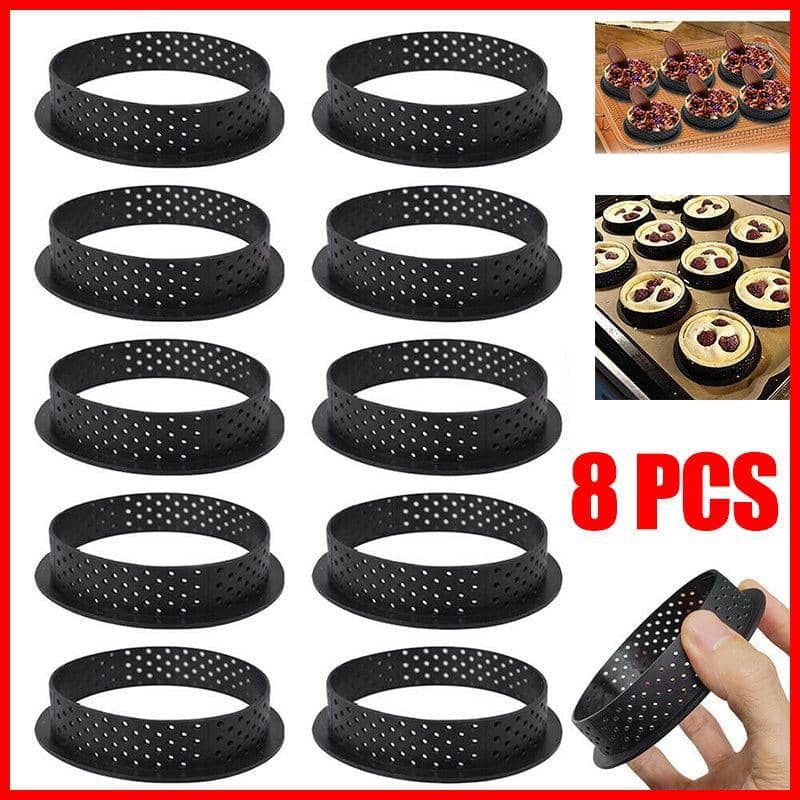 Perforated Round Tart Ring Cake Mould, Set of 8 Non Stick Plastic Baking Rings