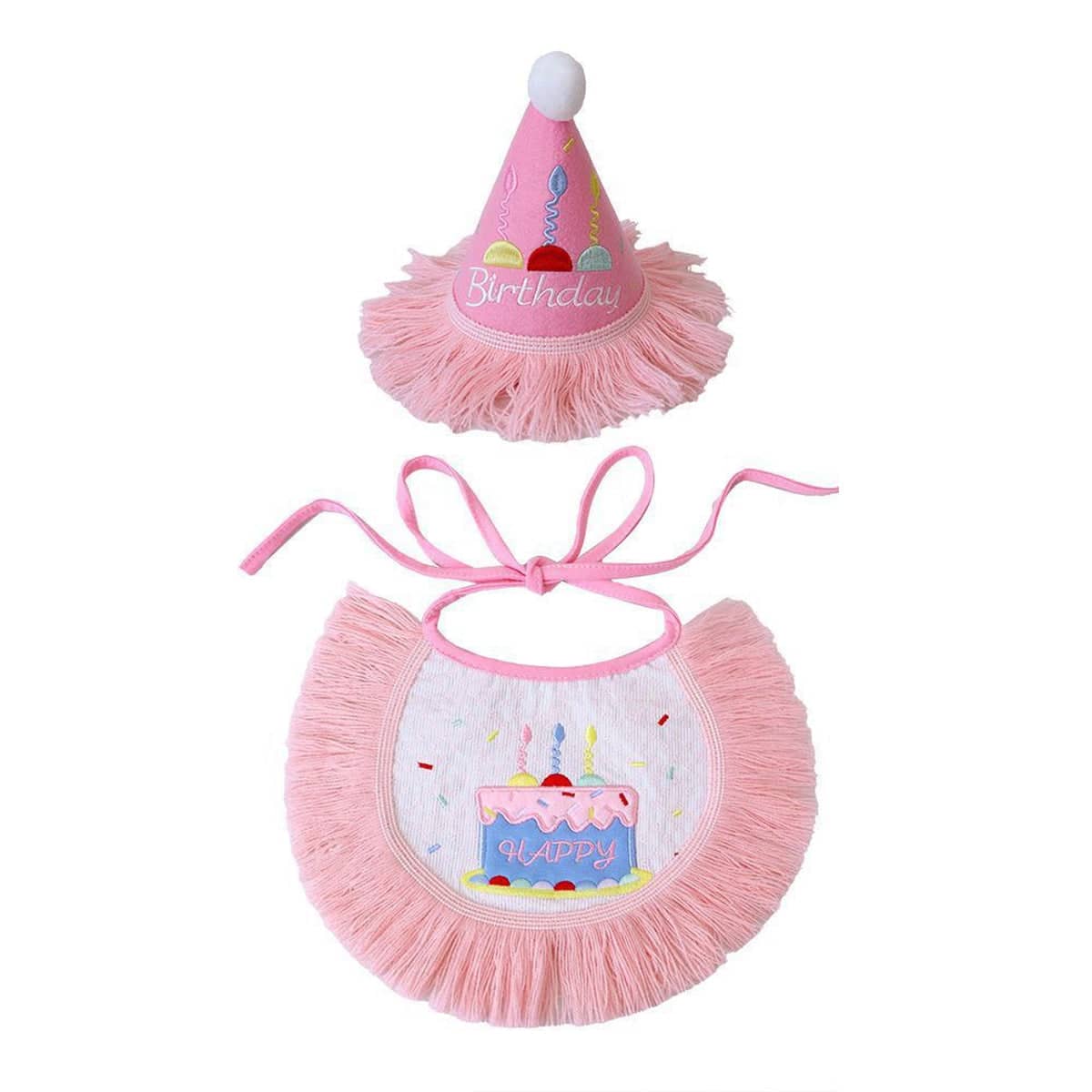 Pet Birthday Hat and Bib Set, Pink Tassel Cake Design - Size L (Bib 30 cm Wide)