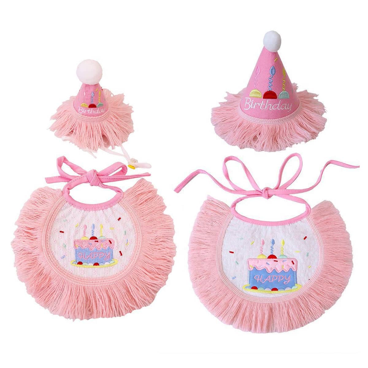 Pet Birthday Hat and Bib Set, Pink Tassel Cake Design - Size L (Bib 30 cm Wide) - view 3