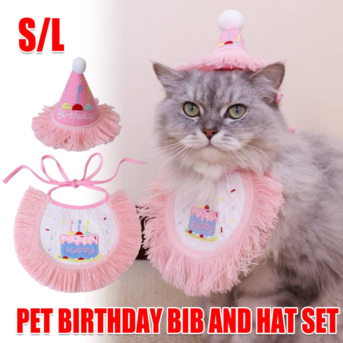 Pet Birthday Hat and Bib Set, Pink Tassel Cake Design - Size S (Bib 18 cm Wide) - view 2