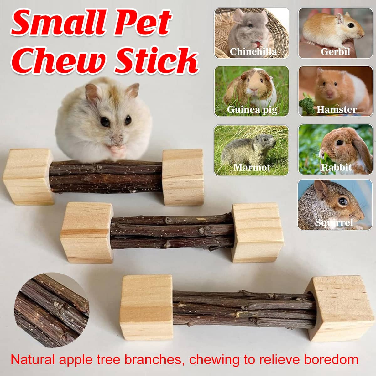 Pet Chew Stick Teeth Grinding Toy for Hamster and Rabbit, Natural Apple Tree Wood