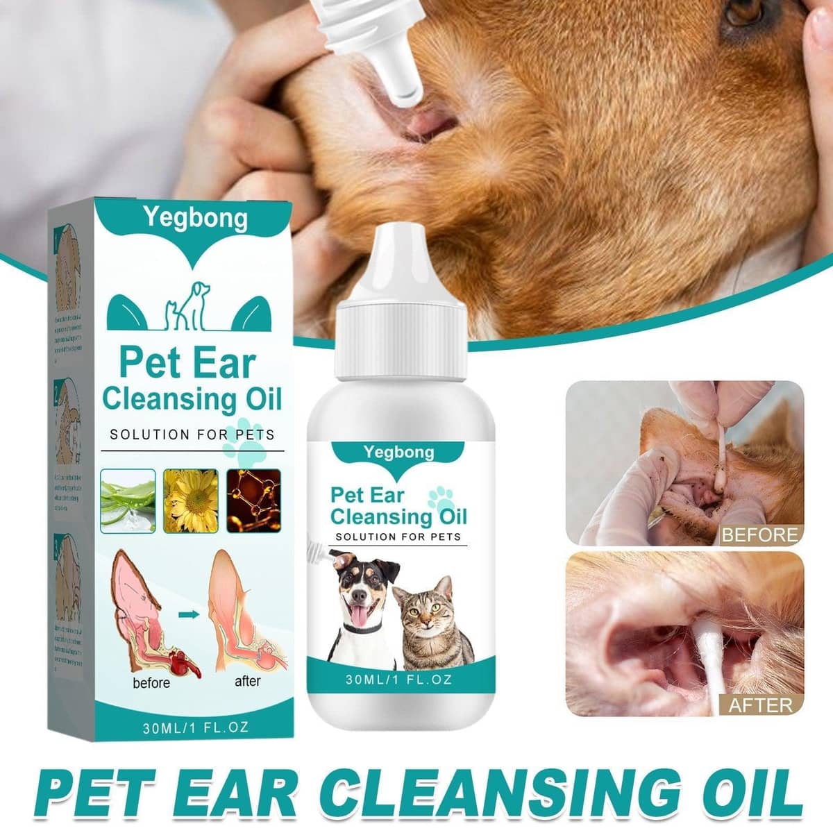 Pet Ear Cleaning Oil for Cats and Dogs, 30 ml with 10 Cotton Swabs