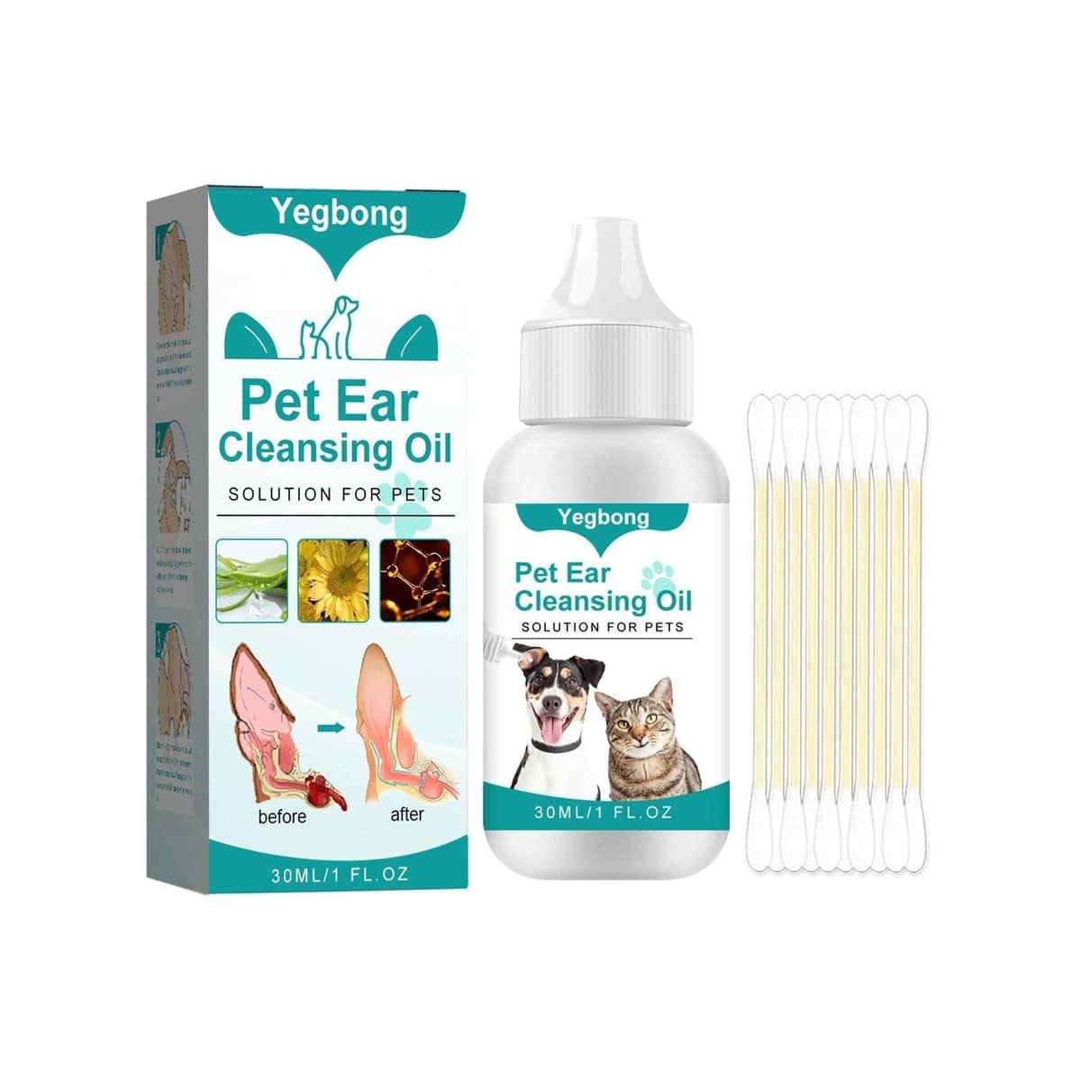 Pet Ear Cleaning Oil for Cats and Dogs, 30 ml with 10 Cotton Swabs - view 2