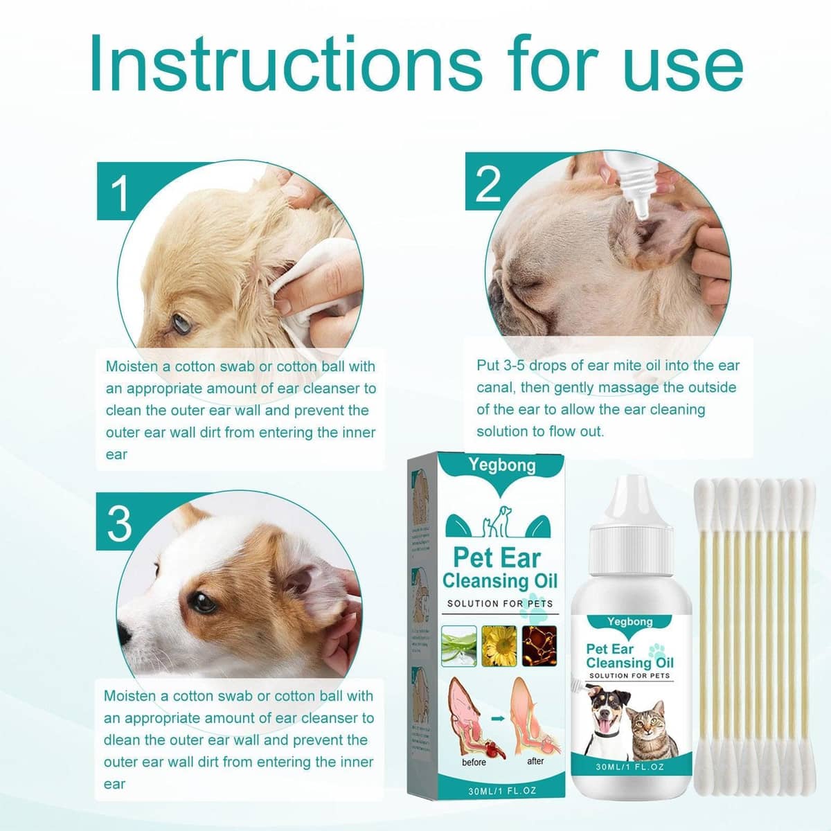 Pet Ear Cleaning Oil for Cats and Dogs, 30 ml with 10 Cotton Swabs - view 4