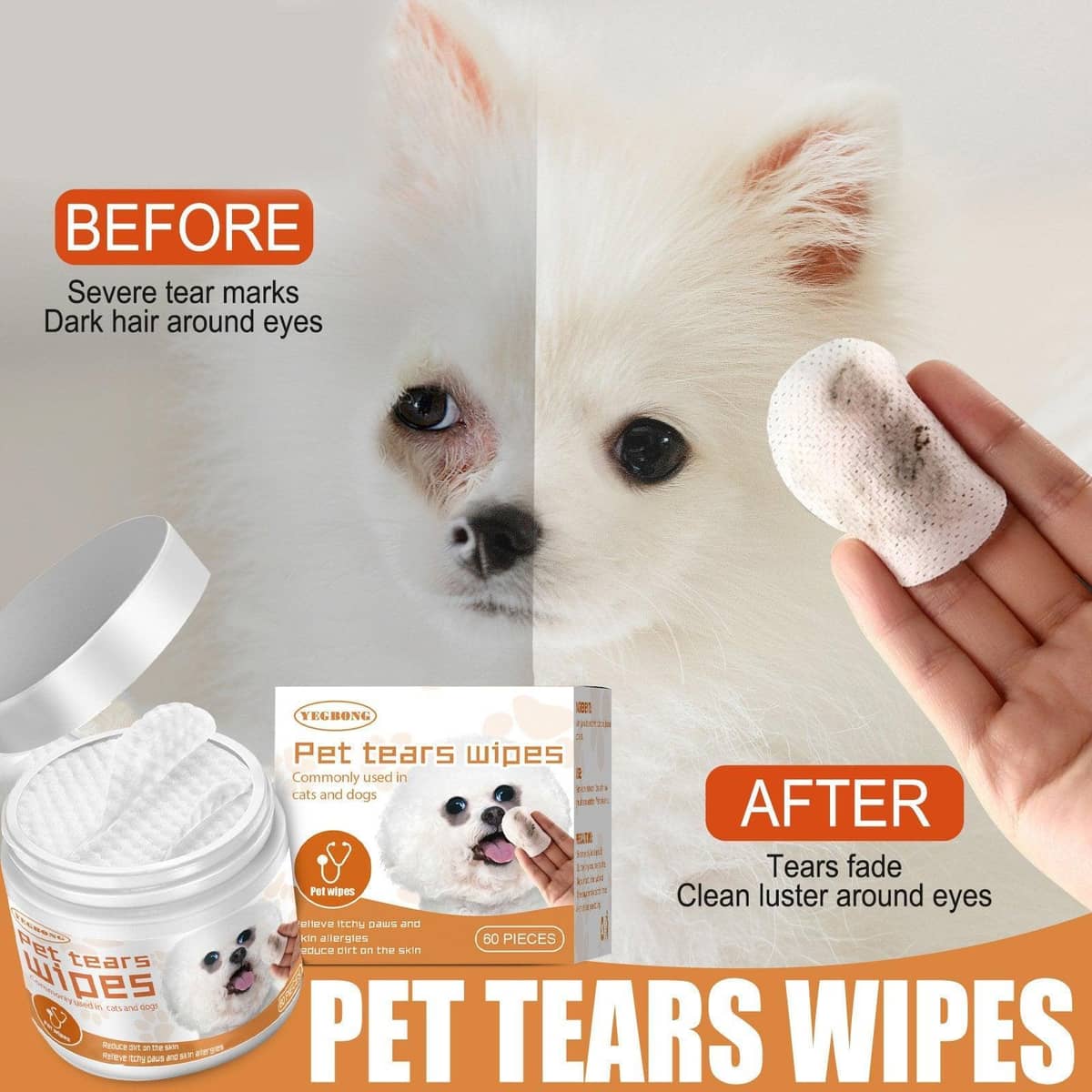 Pet Eye Wipes for Dogs and Cats, Tear Stain Cleaning Pads, Pack of 60