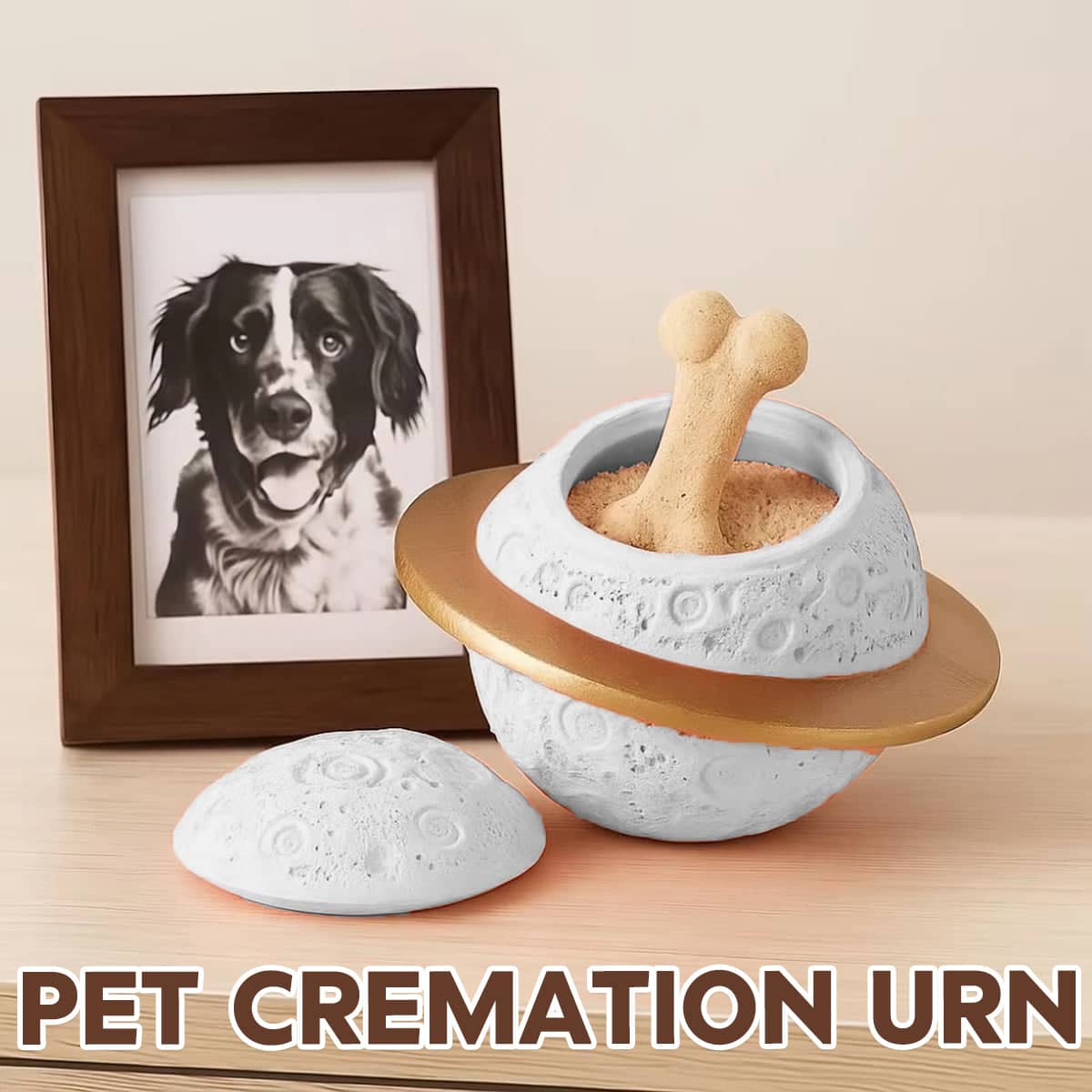 Pet Memorial Urn Planet Shape Sealed Keepsake Box for Cat and Dog Ashes - White with Gold Ring