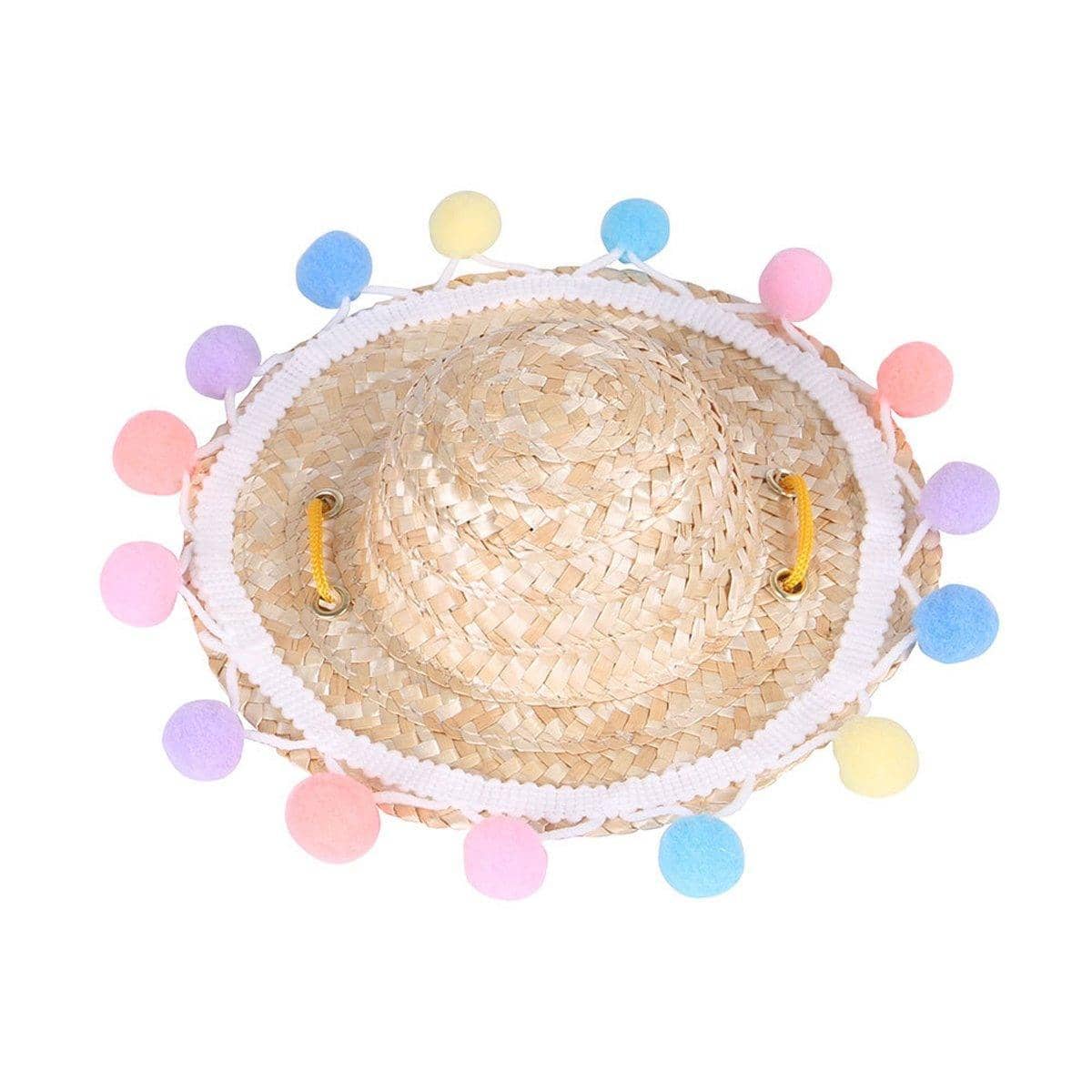 Pet Straw Hat for Cats and Dogs - Pom-Pom Trim, Small (Outer Diameter 13 cm)