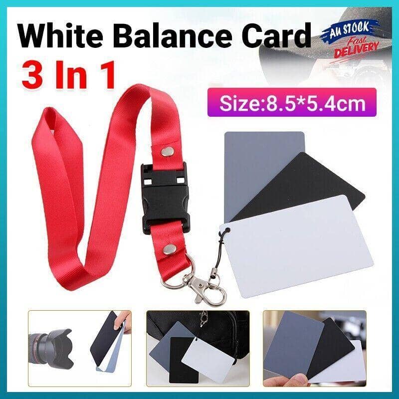 Photography Grey Card White Balance Set 18% with Black, White and Lanyard