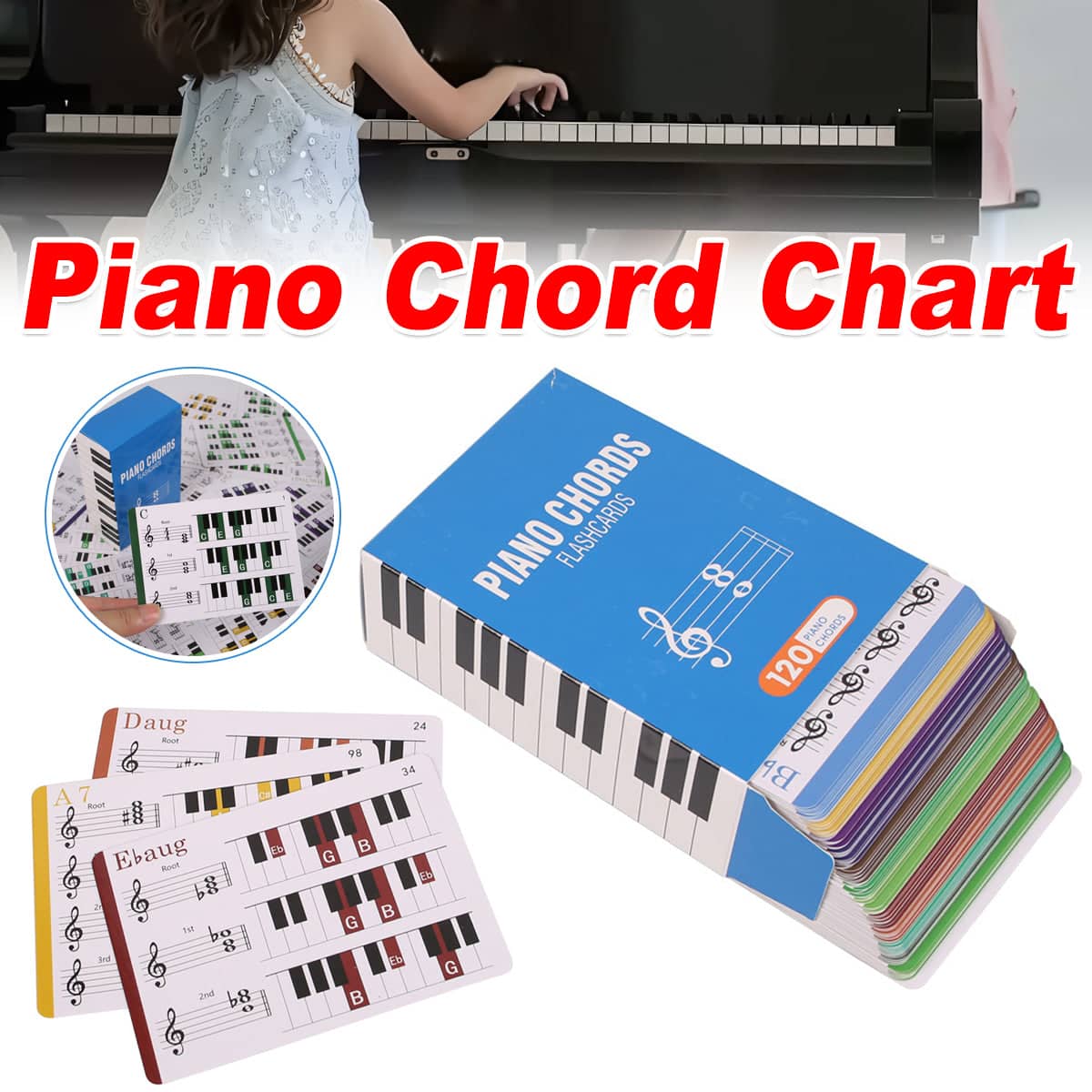 Piano Chord Chart for Beginners, Multicolour Fingering Guide, 120 Flash Cards