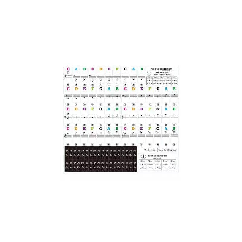Piano Keyboard Stickers, 88 Keys, Transparent - Multicolour Lettering