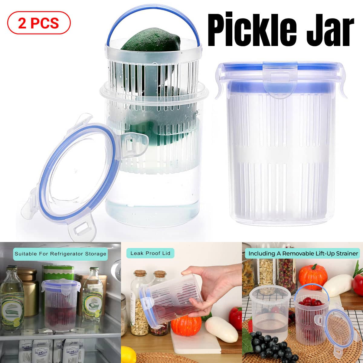 Pickle Storage Container with Drainage Basket and Flip-Top Lid