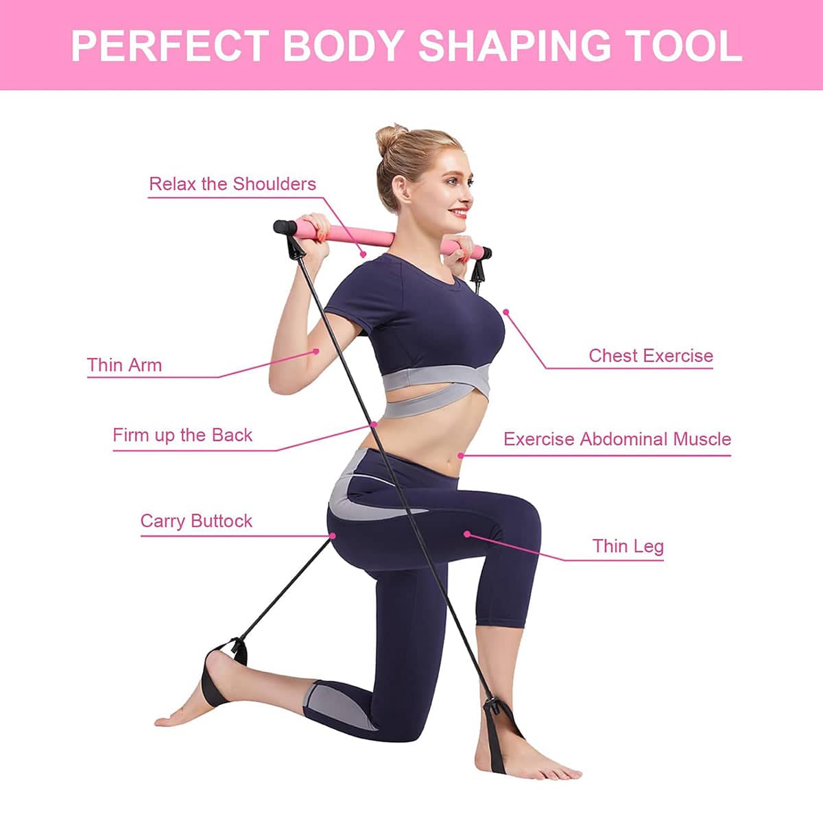 Pilates Stick Multi Functional Fitness Stick Elastic Training Rope - Pink - view 5