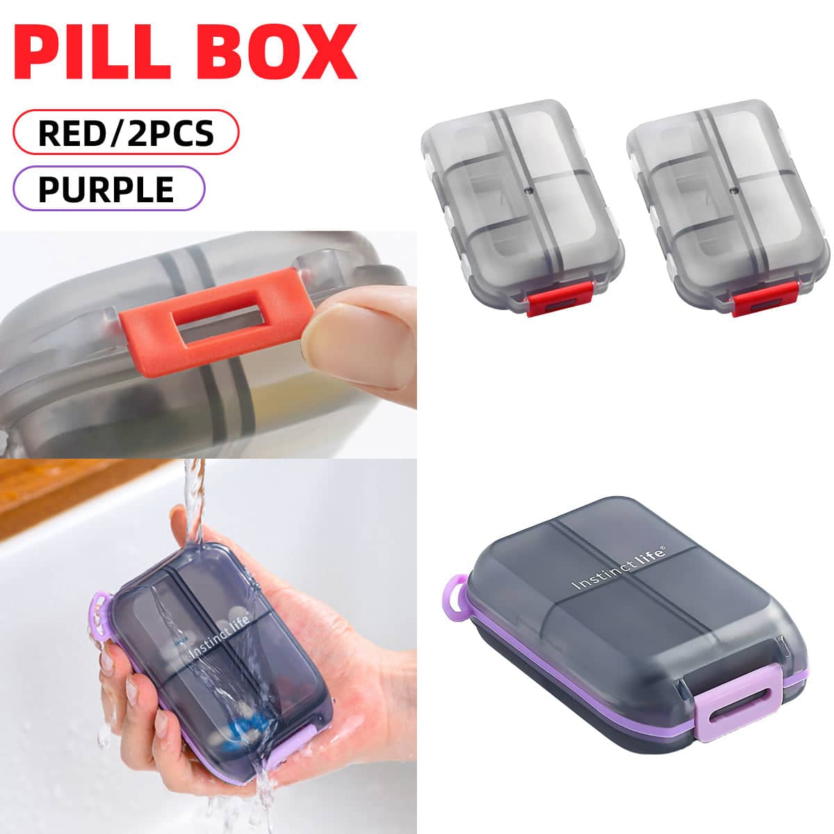 Pill Case Vitamin Holder Double Layer, 10 Compartments - Red, Pack of 2 - view 2