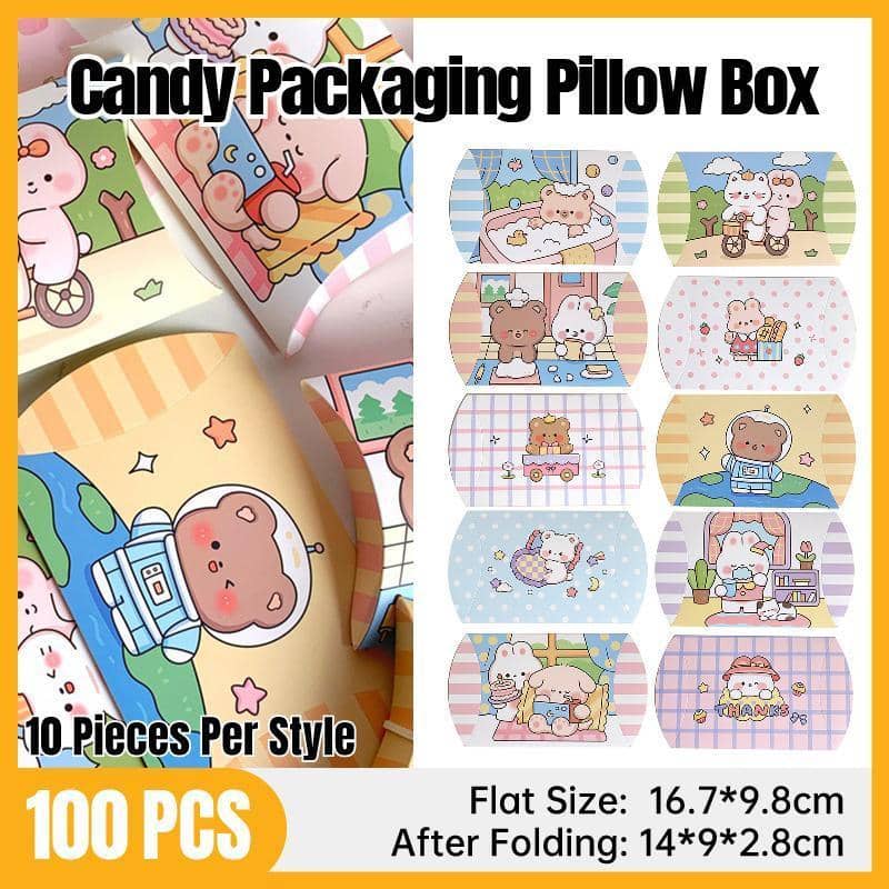Pillow Shape Paper Gift Boxes, Pack of 100 Folding Cartons for Party and Wedding Favours