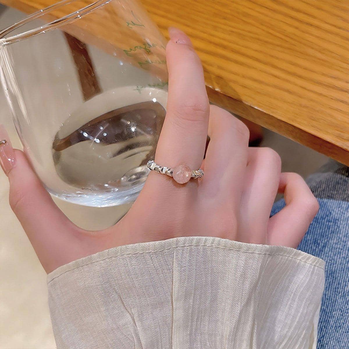 Pink and Silver Bead Stretch Ring for Women and Girls - view 4