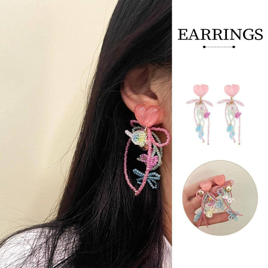 Pink Beaded Heart Earrings with Bow and Bells, Girly Fashion Jewellery for Women