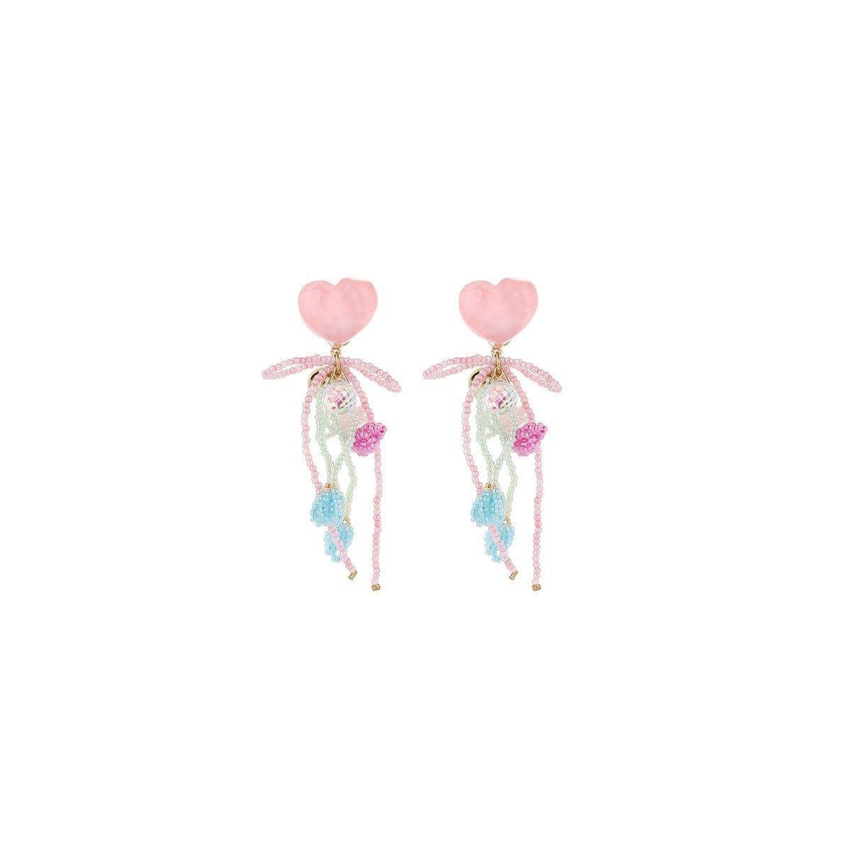 Pink Beaded Heart Earrings with Bow and Bells, Girly Fashion Jewellery for Women - view 2
