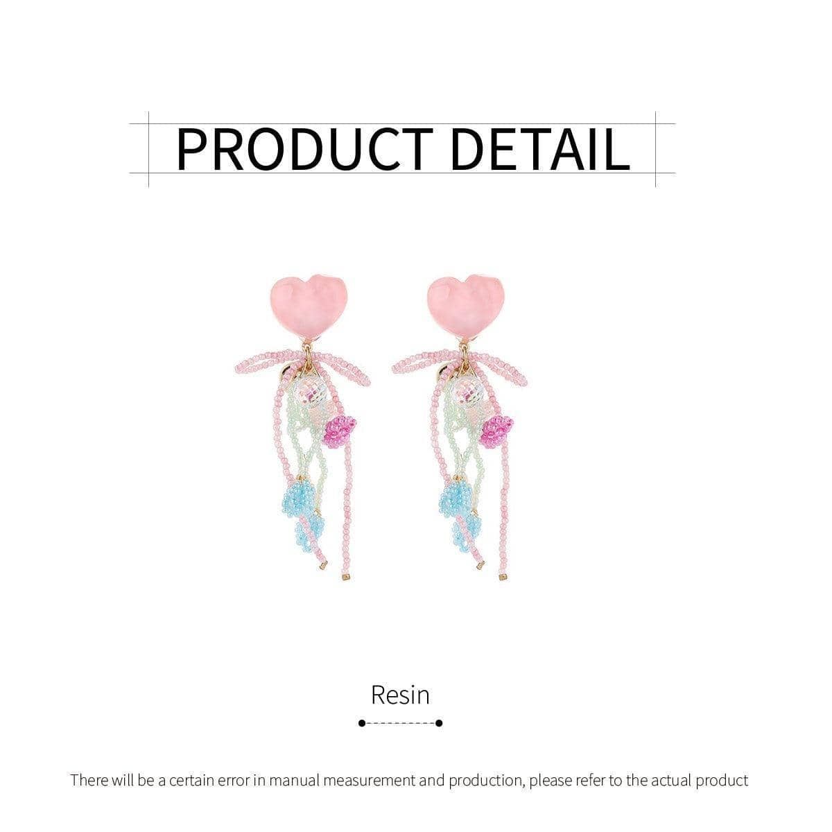 Pink Beaded Heart Earrings with Bow and Bells, Girly Fashion Jewellery for Women - view 3
