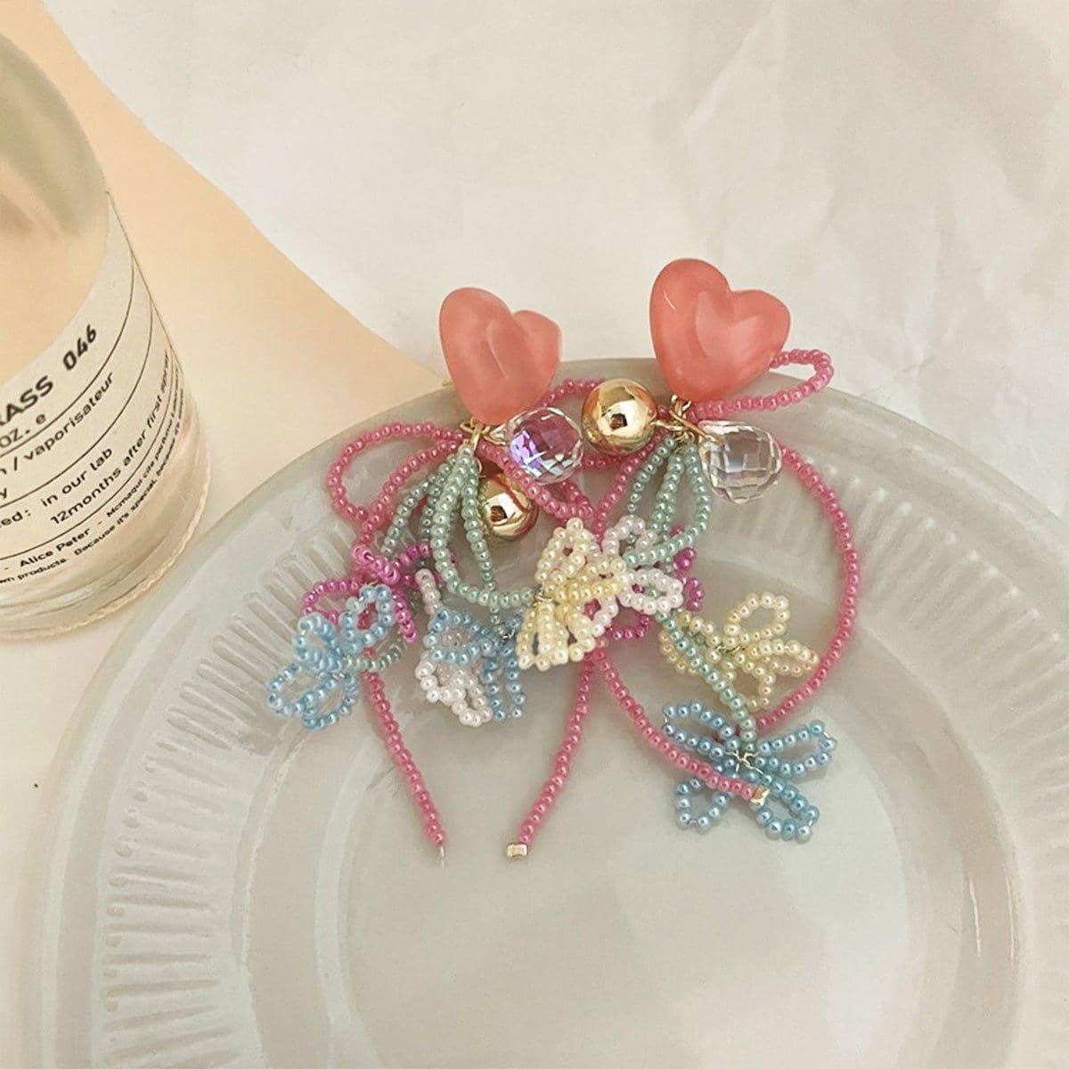 Pink Beaded Heart Earrings with Bow and Bells, Girly Fashion Jewellery for Women - view 4