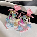 Pink Beaded Heart Earrings with Bow and Bells, Girly Fashion Jewellery for Women - view 5
