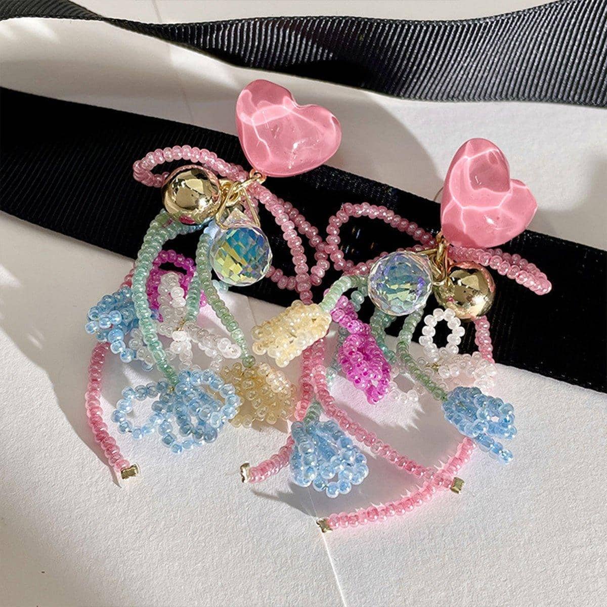 Pink Beaded Heart Earrings with Bow and Bells, Girly Fashion Jewellery for Women - view 5