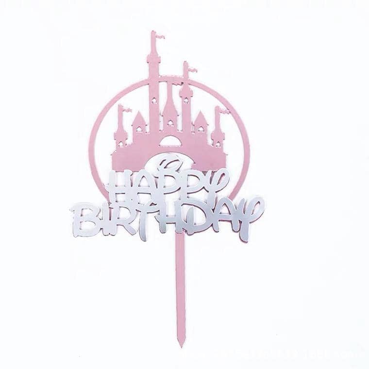 Pink Castle Cake Topper with Silver Happy Birthday Sticker - Pack of 10