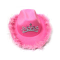 Pink Cowgirl Hat with Multicolour Gem Crown - Silver Tinsel Trim