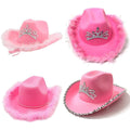 Pink Cowgirl Hat with Multicolour Gem Crown - Silver Tinsel Trim - view 3