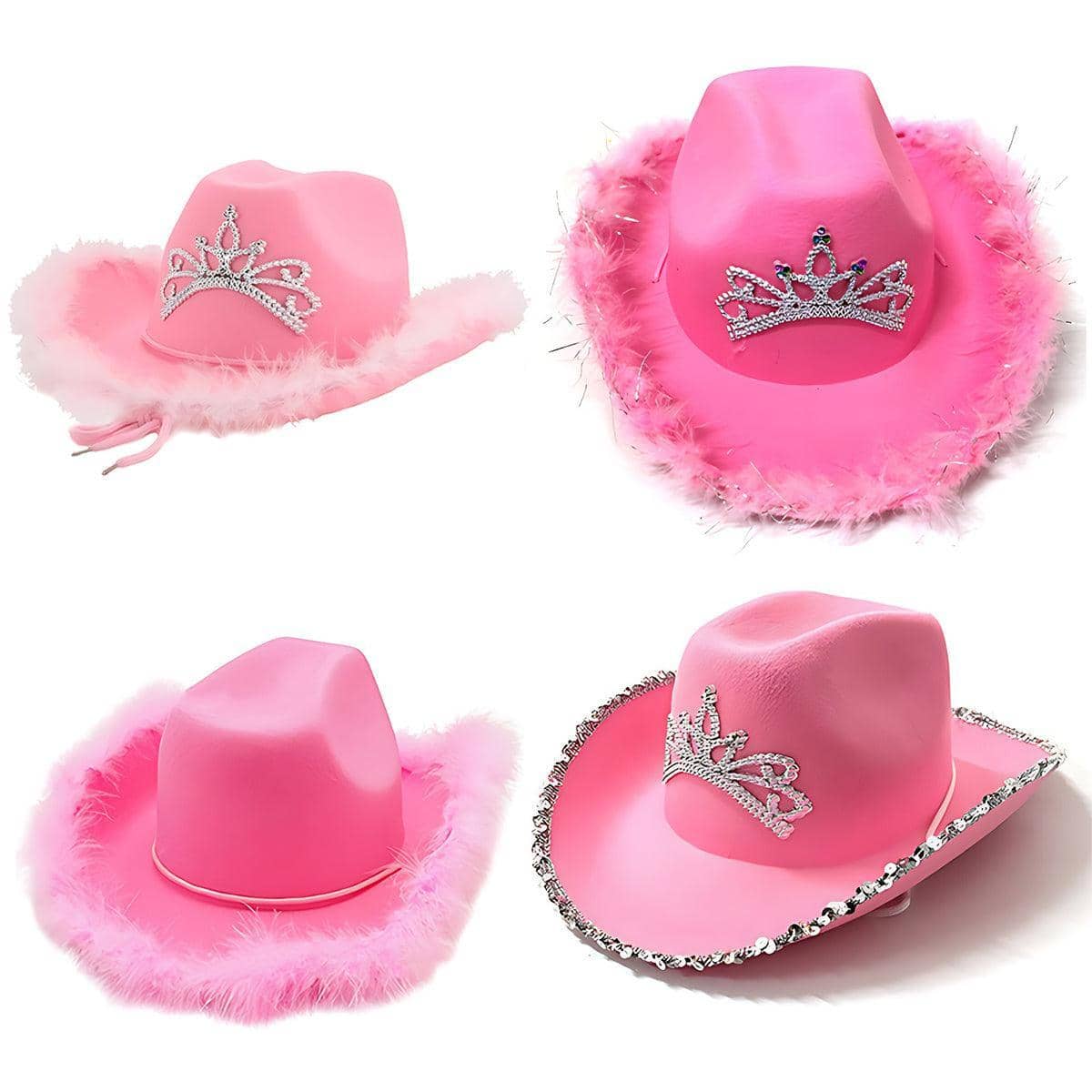 Pink Cowgirl Hat - Pink Feather Trim, Plain Front, Feather 2 - view 3