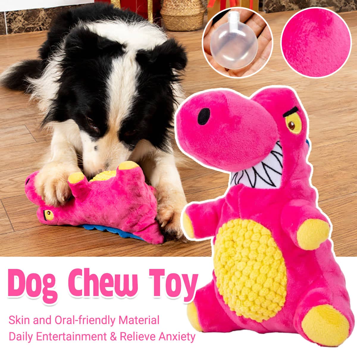 Pink Dinosaur Plush Squeaky Dog Toy for Medium Dogs, Chew Resistant Interactive Toy