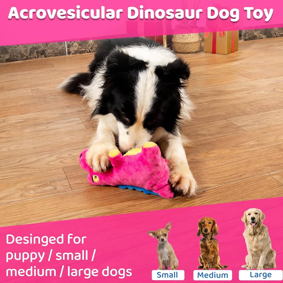 Pink Dinosaur Plush Squeaky Dog Toy for Medium Dogs, Chew Resistant Interactive Toy - view 4