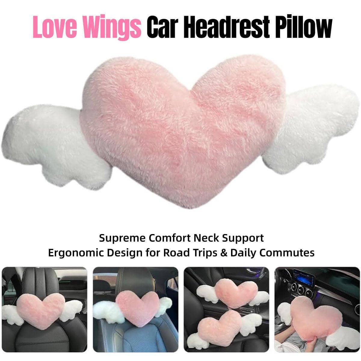 Pink Heart Car Headrest Neck Pillow with Wings for Comfortable Driving
