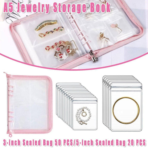 Pink Jewellery Storage Booklet with Zip Bags and Clear Pockets