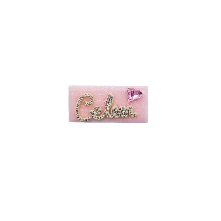 Pink Metal Hair Clip with Crystal Script Lettering and Heart Gem - Rectangle Design