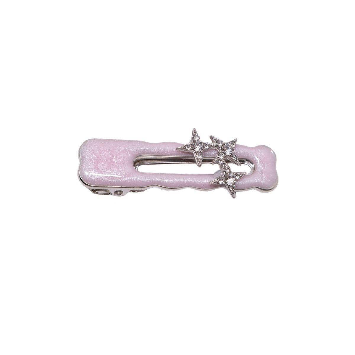Pink Metal Hair Clip with Crystal Star Charms - Open Rectangle Design