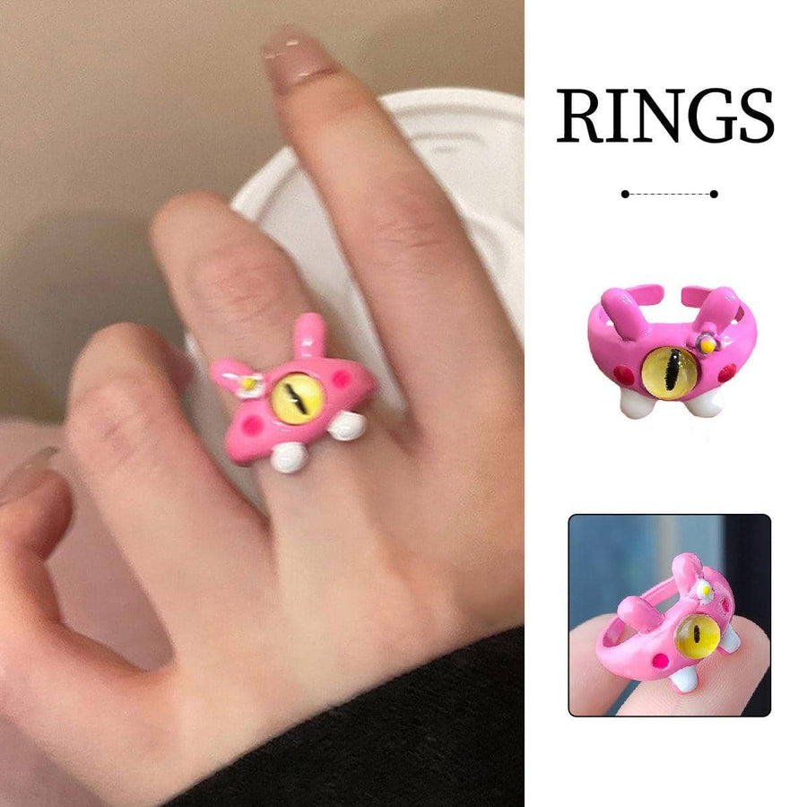 Pink Monster Eye Open Ring with Yellow Eye and Rabbit Ears