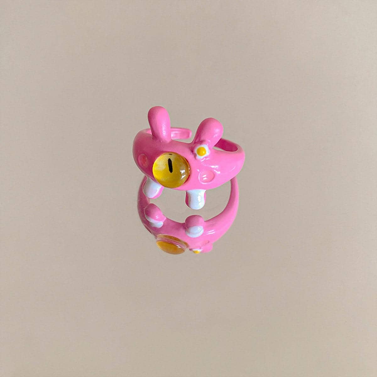 Pink Monster Eye Open Ring with Yellow Eye and Rabbit Ears - view 5