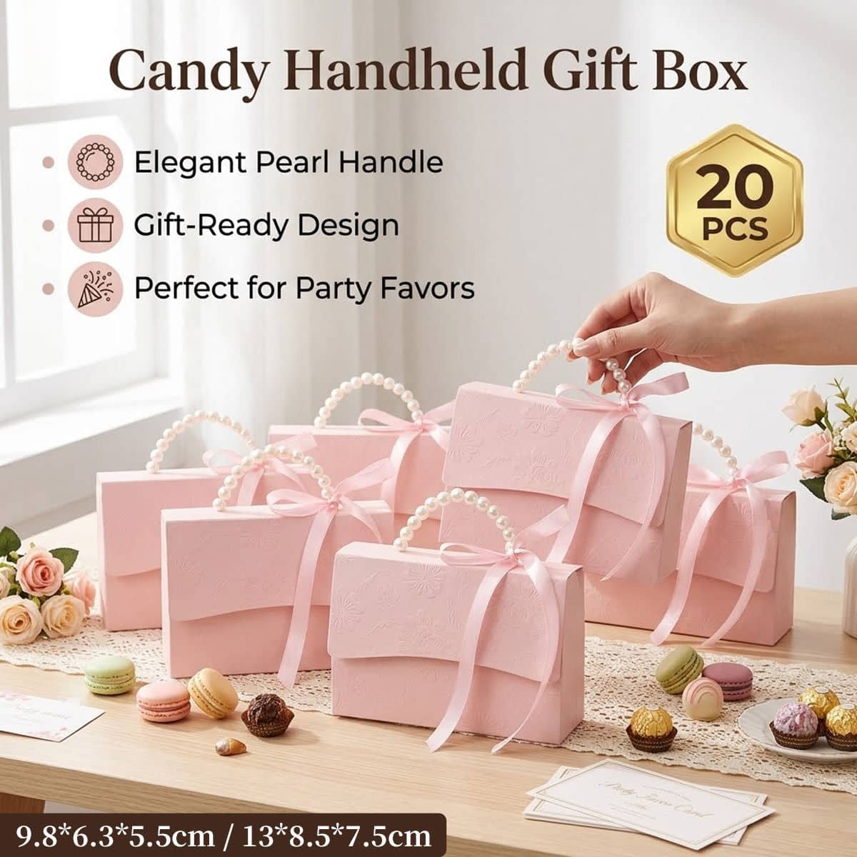 Pink Pearl Handle Candy Gift Box, Pack of 20 Wedding Favour Boxes - Large 13 x 8.5 x 7.5 cm - view 2