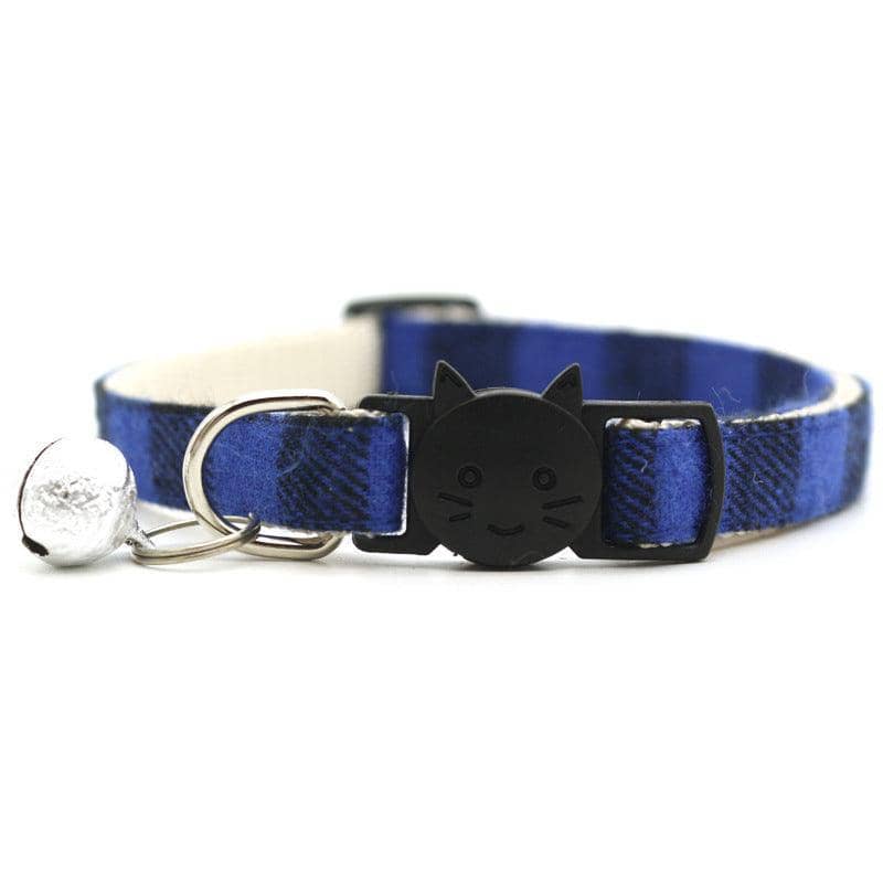 Plaid Cat Collar with Breakaway Buckle and Bell - Blue