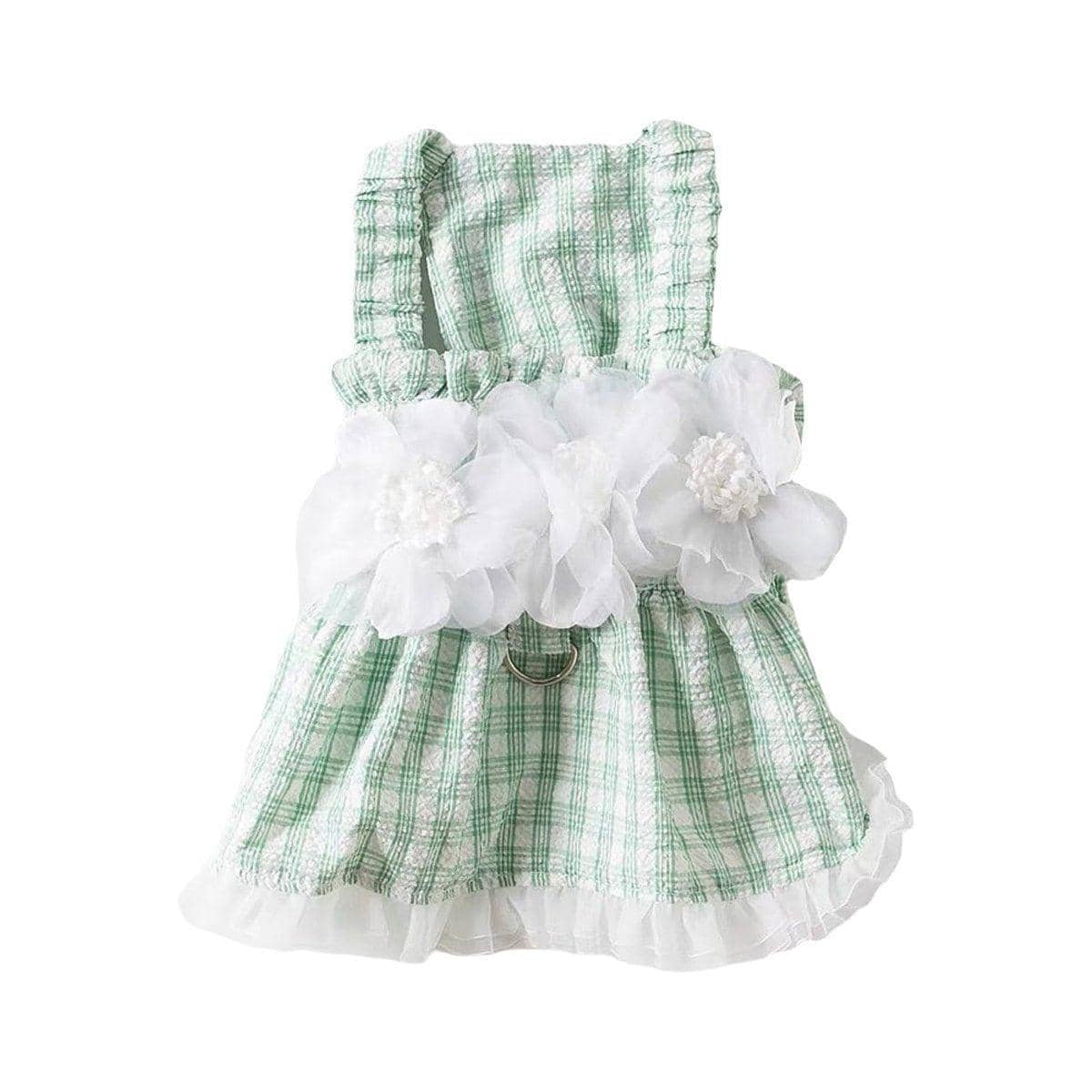 Plaid Pet Dress with Flower Detail and Leash Ring - Green, Medium (Chest 40 cm)