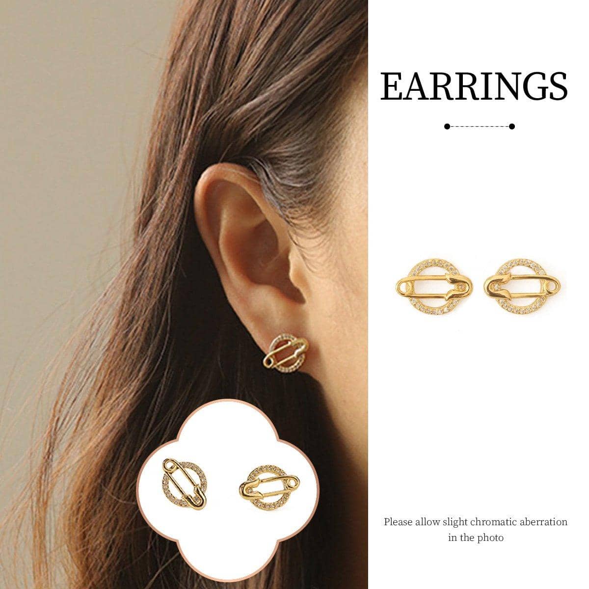 Planet Round Stud Earrings for Women, Copper with Rhinestones