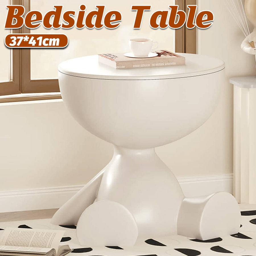 Plastic Bear-Shaped Mini Side Table with Flip-Top Storage in Cream White