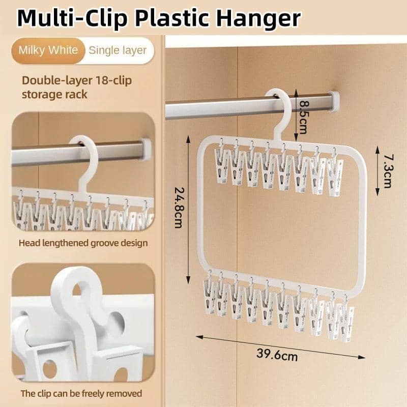 Plastic Clothes Drying Rack Hanger with 18 Removable Clips - White