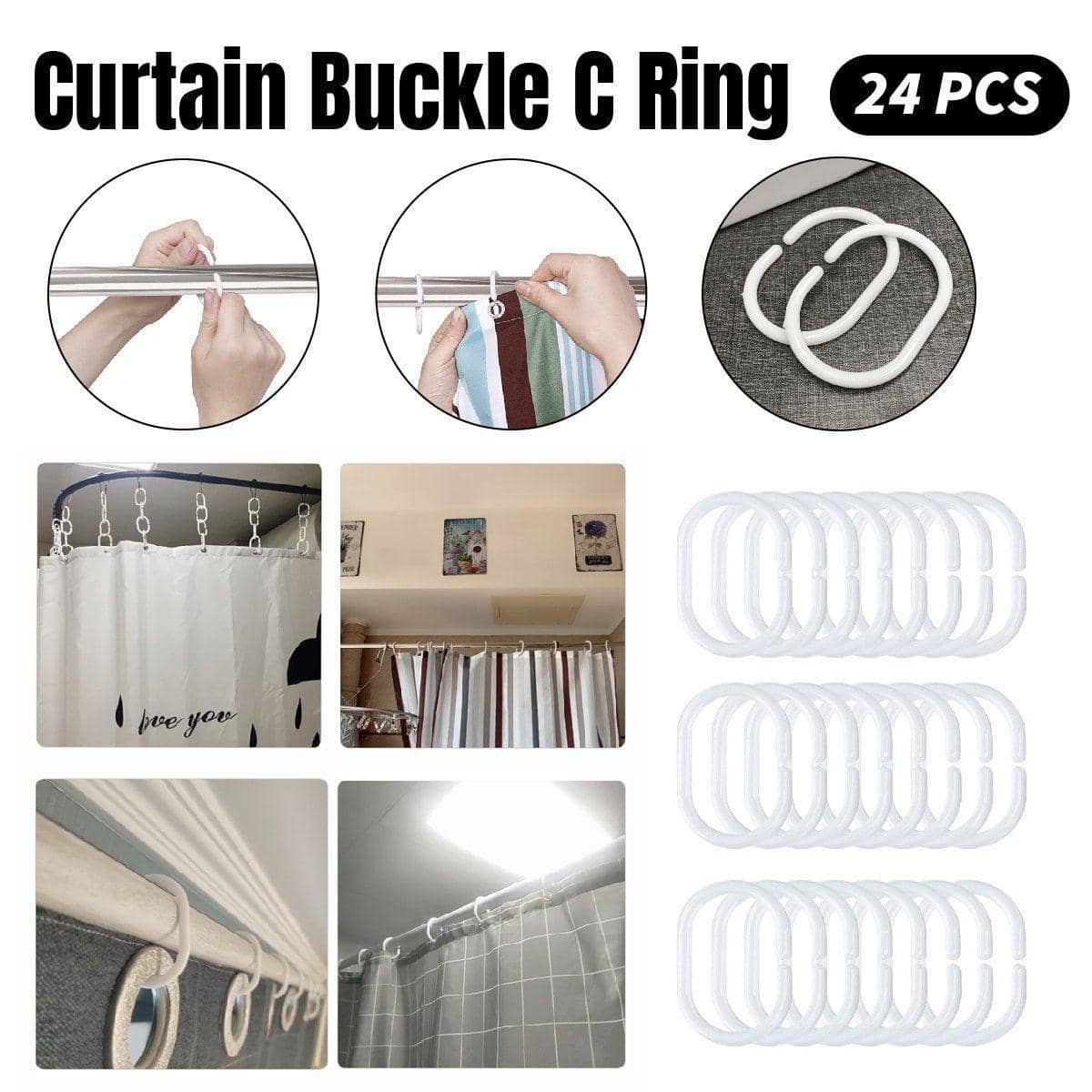 Plastic Curtain C Rings for Shower and Bed Curtains, Pack of 24