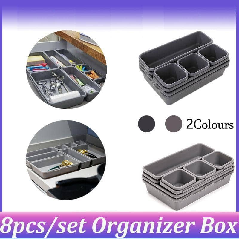 Plastic Drawer Organiser Tray Set of 8 for Kitchen, Office and Bathroom - Light Grey - view 2