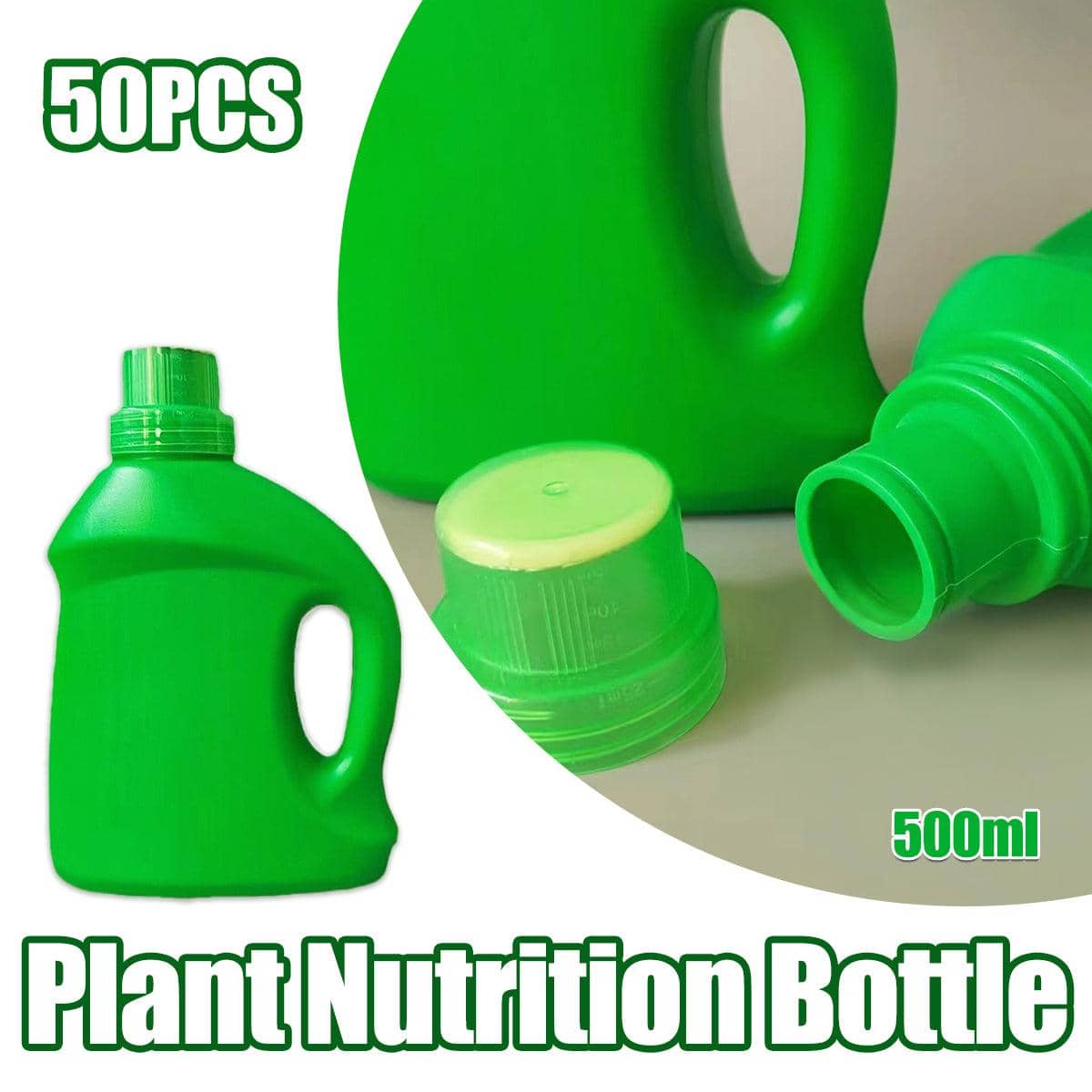 Plastic Fertilizer Bottles - 500 ml, 50 Pack, Green
