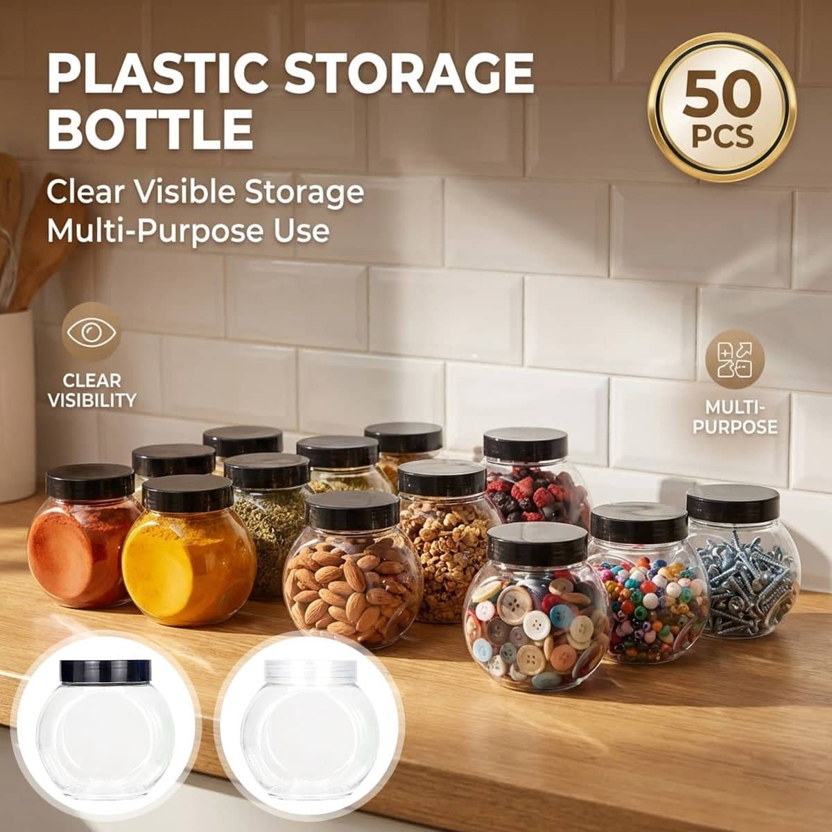 Plastic Food Storage Jars with Screw Lids, Pack of 50 - Black Lids - view 2