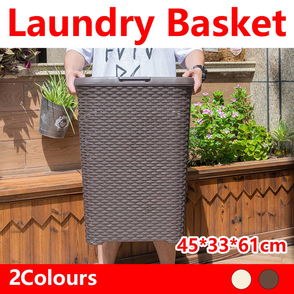 Plastic Laundry Basket Thickened Breathable Home Clothes Storage with Lid - Beige - view 2