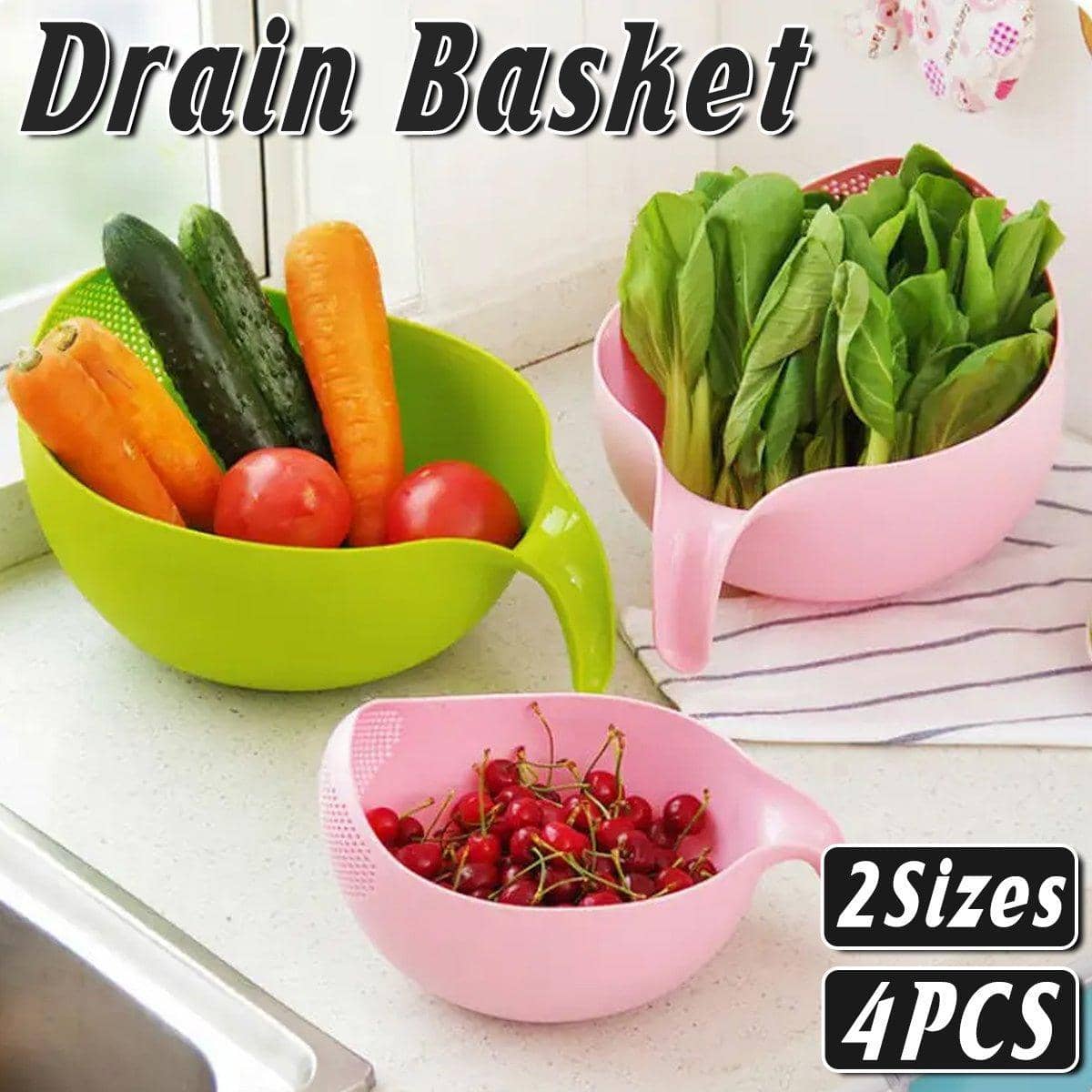 Plastic Rice Drain Basket and Vegetable Washing Basin, 4 Pack - Two Sizes