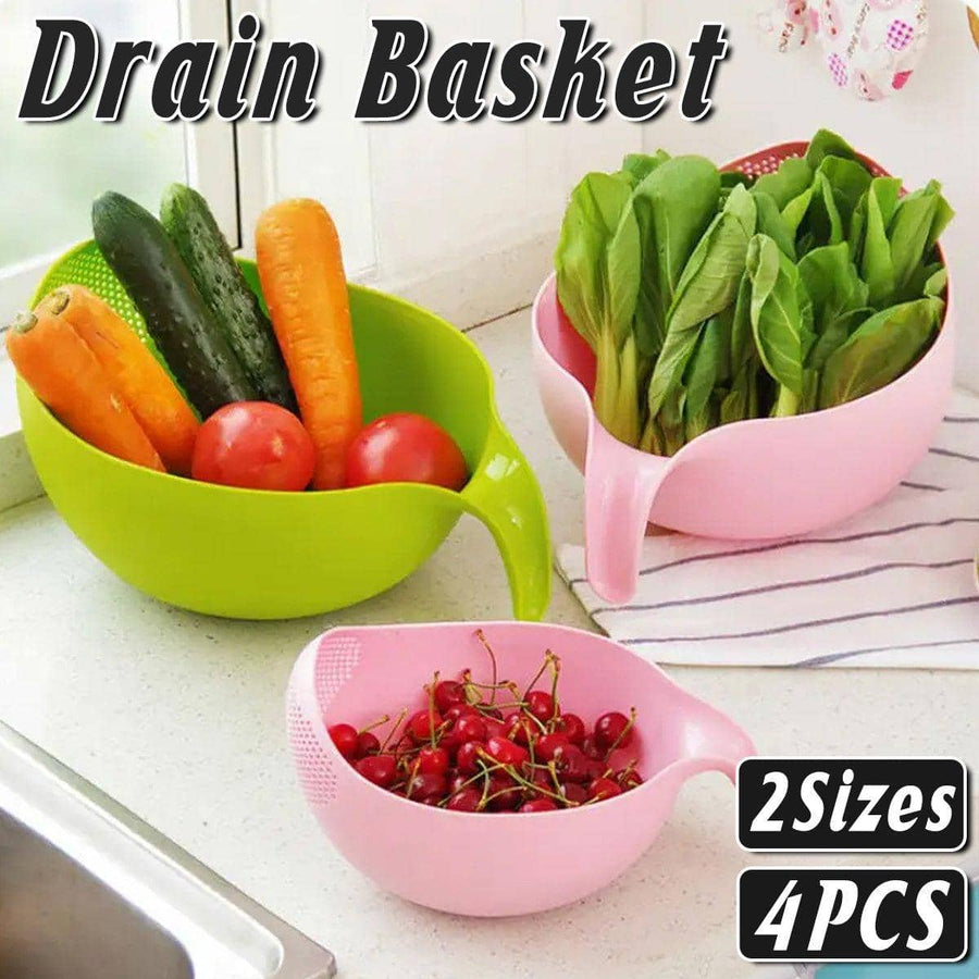 Plastic Rice Drain Basket and Vegetable Washing Basin, 4 Pack - Two Sizes